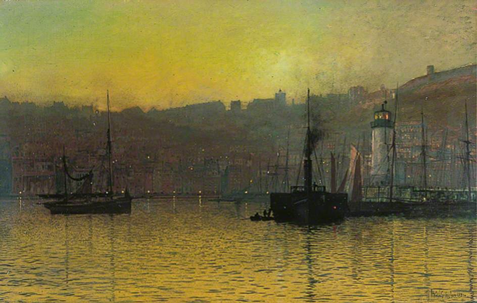 Tombée de la nuit dans le port de Scarborough, Yorkshire du Nord - John Atkinson Grimshaw