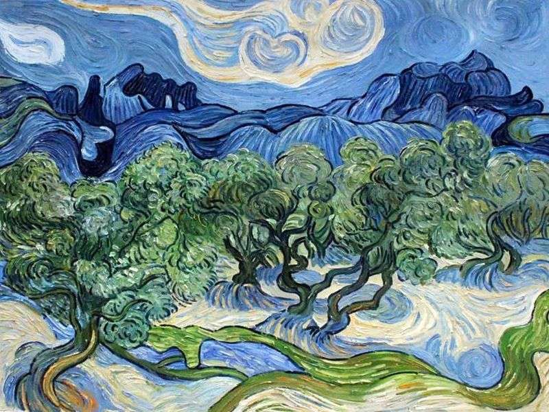 アルピーユ山を背景にしたオリーブの木 - ヴィンセント・ヴァン・ゴッホ