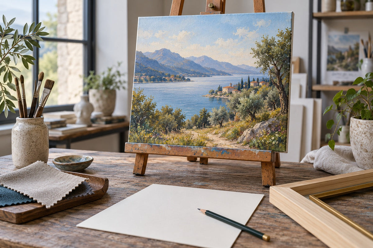 Illustration IA : tableau et échantillons dans un atelier fictif