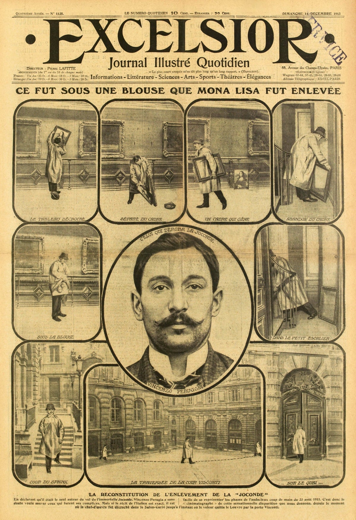 Une du journal Excelsior consacrée à Vincenzo Peruggia et au vol de La Joconde