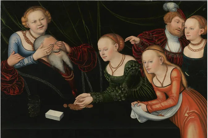 6 personnes, des filles jouant avec un vieil homme - Lucas Cranach the Elder image 1 reproduction artisanale de tableau