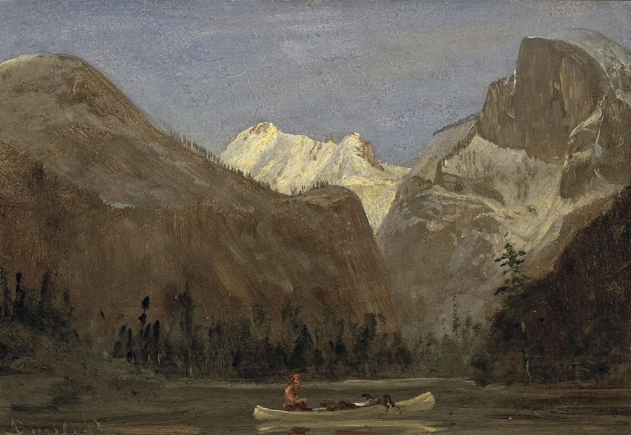 Navigation à travers la vallée de Yosemite avec Half Dome au loin - Albert Bierstadt
