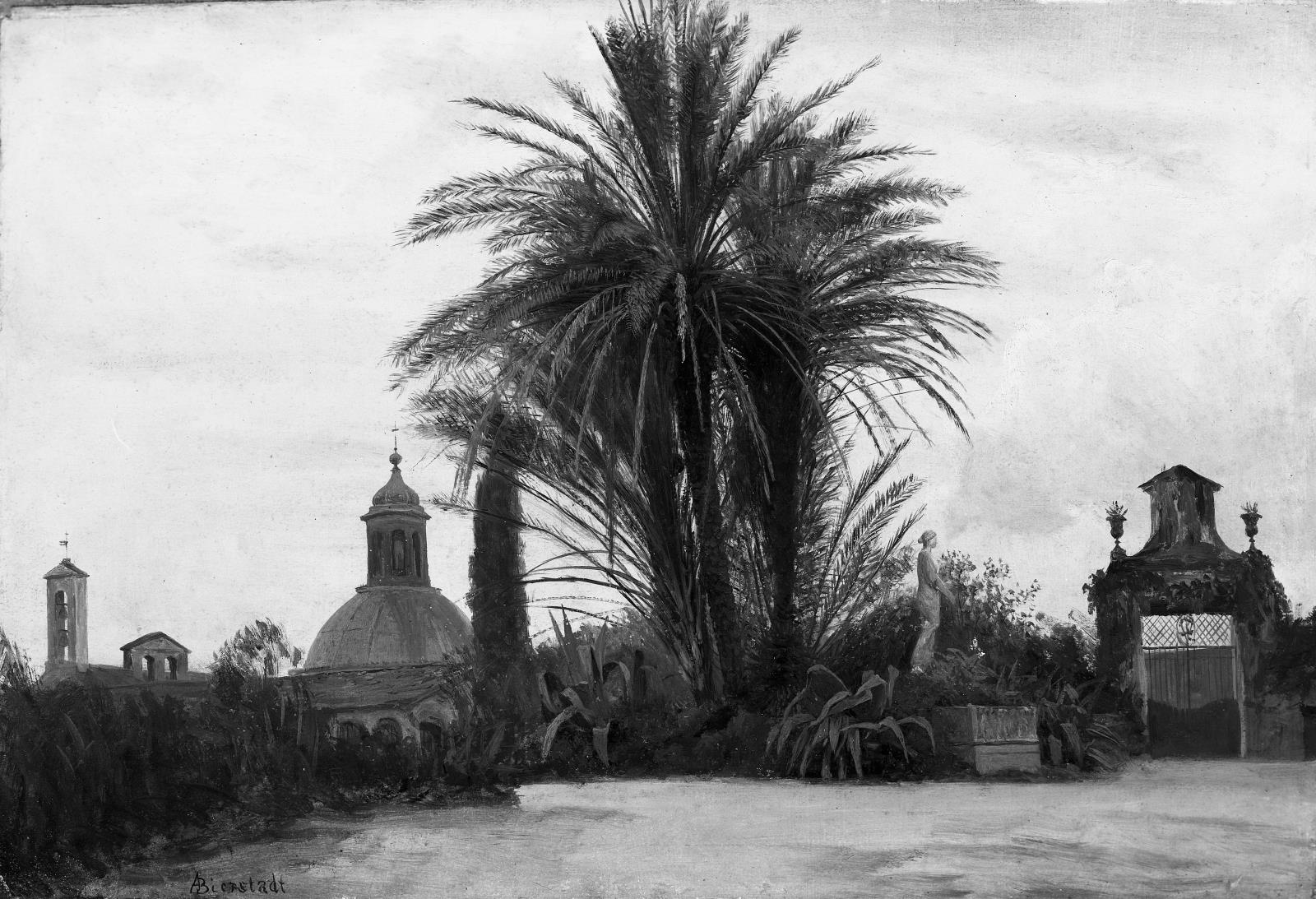 Palmiers avec une église en forme de dôme - Albert Bierstadt