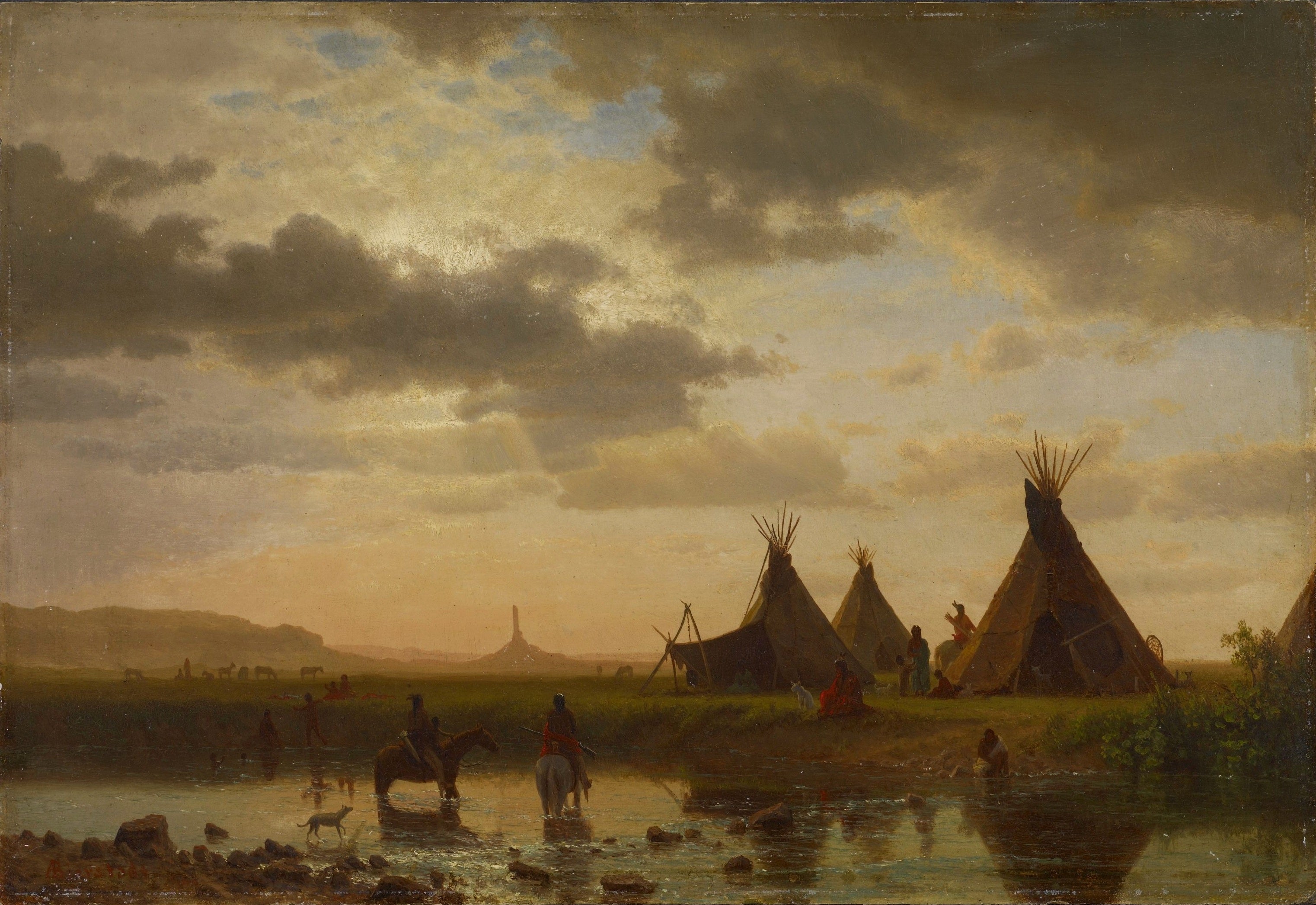 Vue de Chimney Rock, village sioux d'Ohalilah au premier plan - Albert Bierstadt