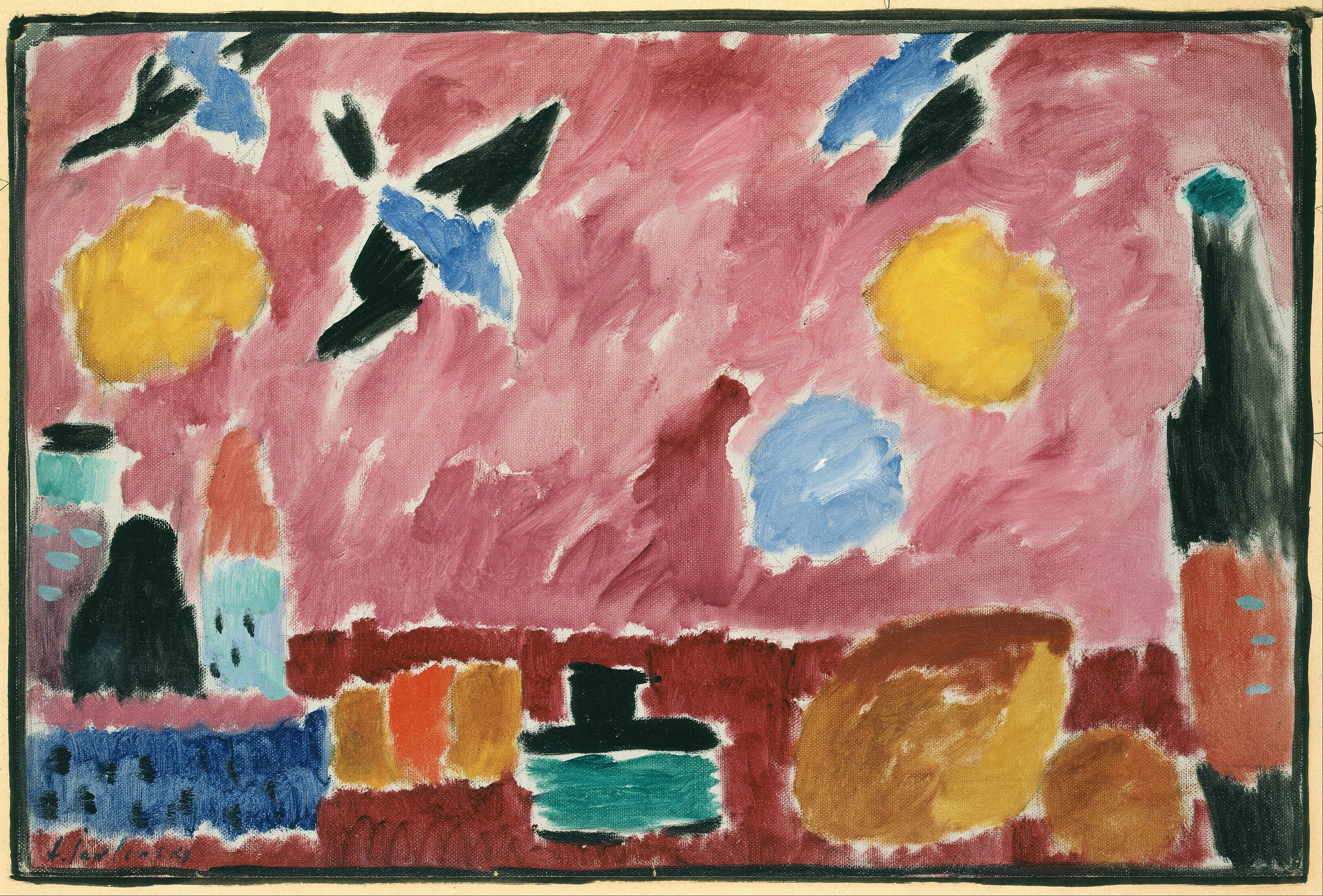 Nature morte avec bouteille, pain et papier peint rouge avec hirondelles - Alexej von Jawlensky