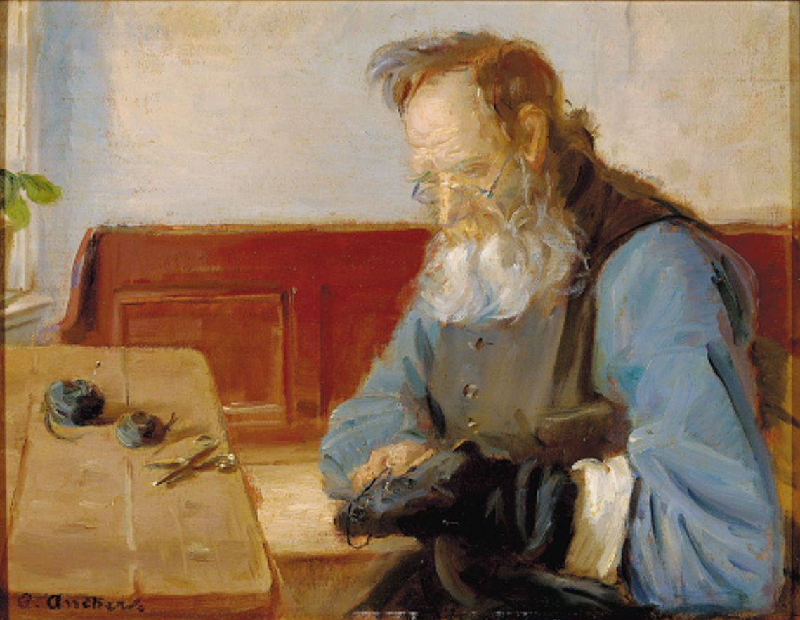 Un homme répare des chaussettes - Anna Ancher - Alpha Reproduction