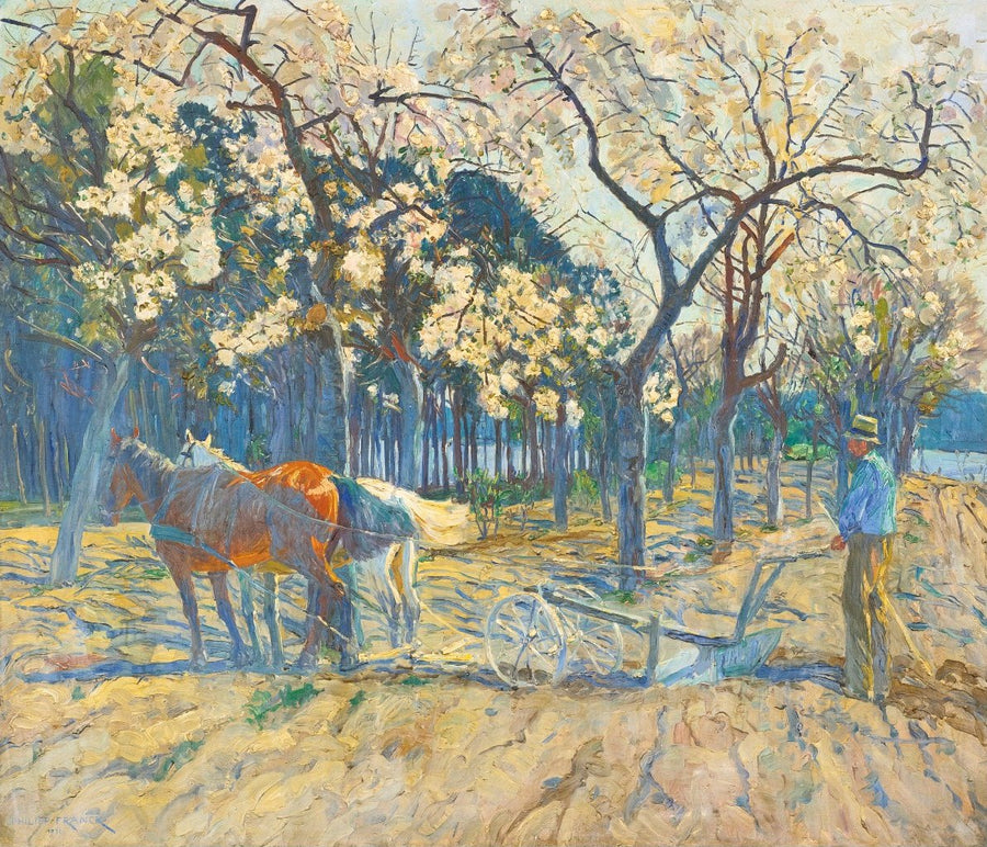 Fleurs d’avril : laboureur parmi les pommiers, peinture de Philipp Franck