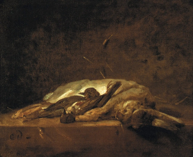 石のテーブルの上に、ウサギ、死んだヒヨドリ2羽、そしていくつかのわらの束 - ジャン＝シメオン・シャルダン