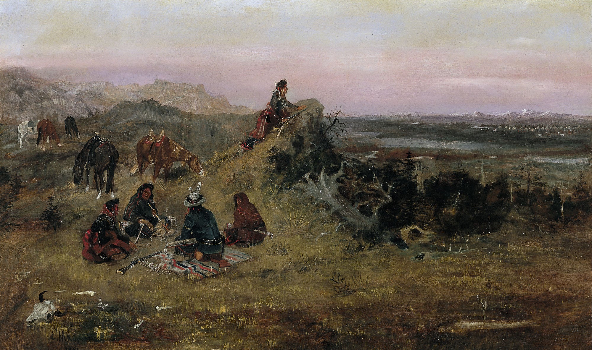 Les Piégans se préparent à voler les chevaux des corbeaux - Charles Marion Russell