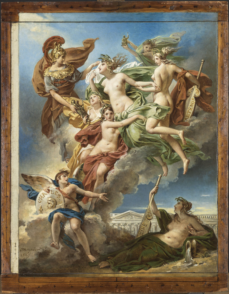 Les Nymphes de Parthénope, importantes loin de leurs rivages les Pénates, images de leurs dieux, sont conduites par la déesse des beaux-arts sur les bords de la Seine - Charles Meynier