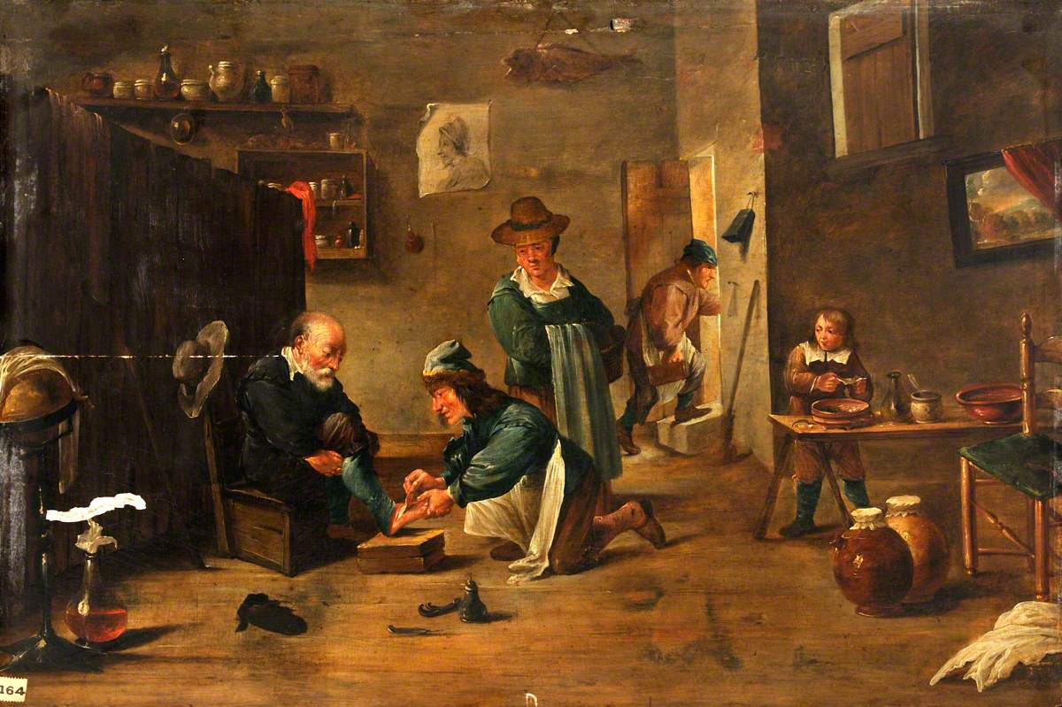 Un chirurgien soigne le pied d'un homme avec un plâtre - David Teniers le Jeune