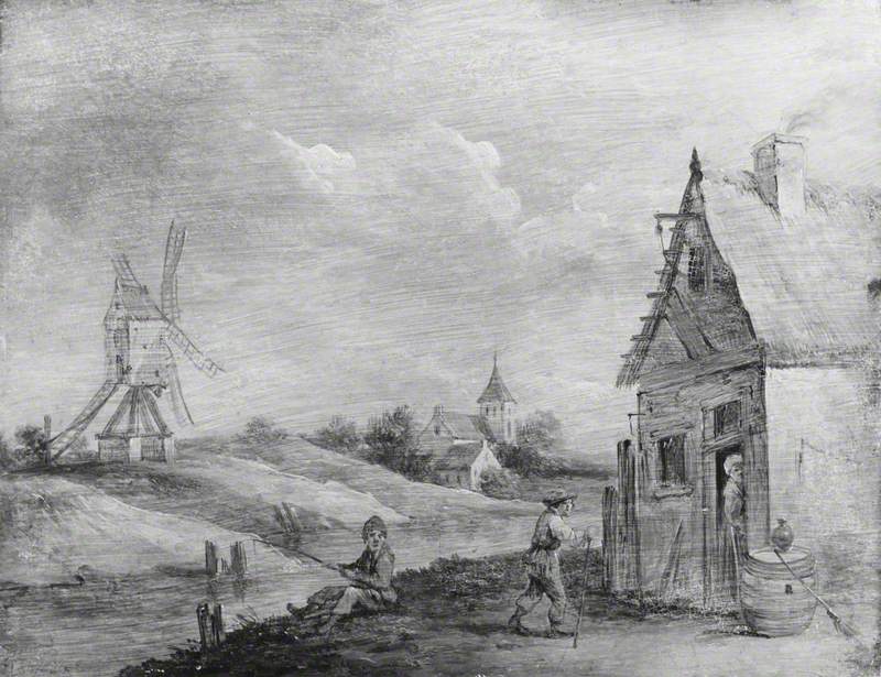 Paysage avec personnages devant une chaumière et un moulin à vent - David Teniers le Jeune