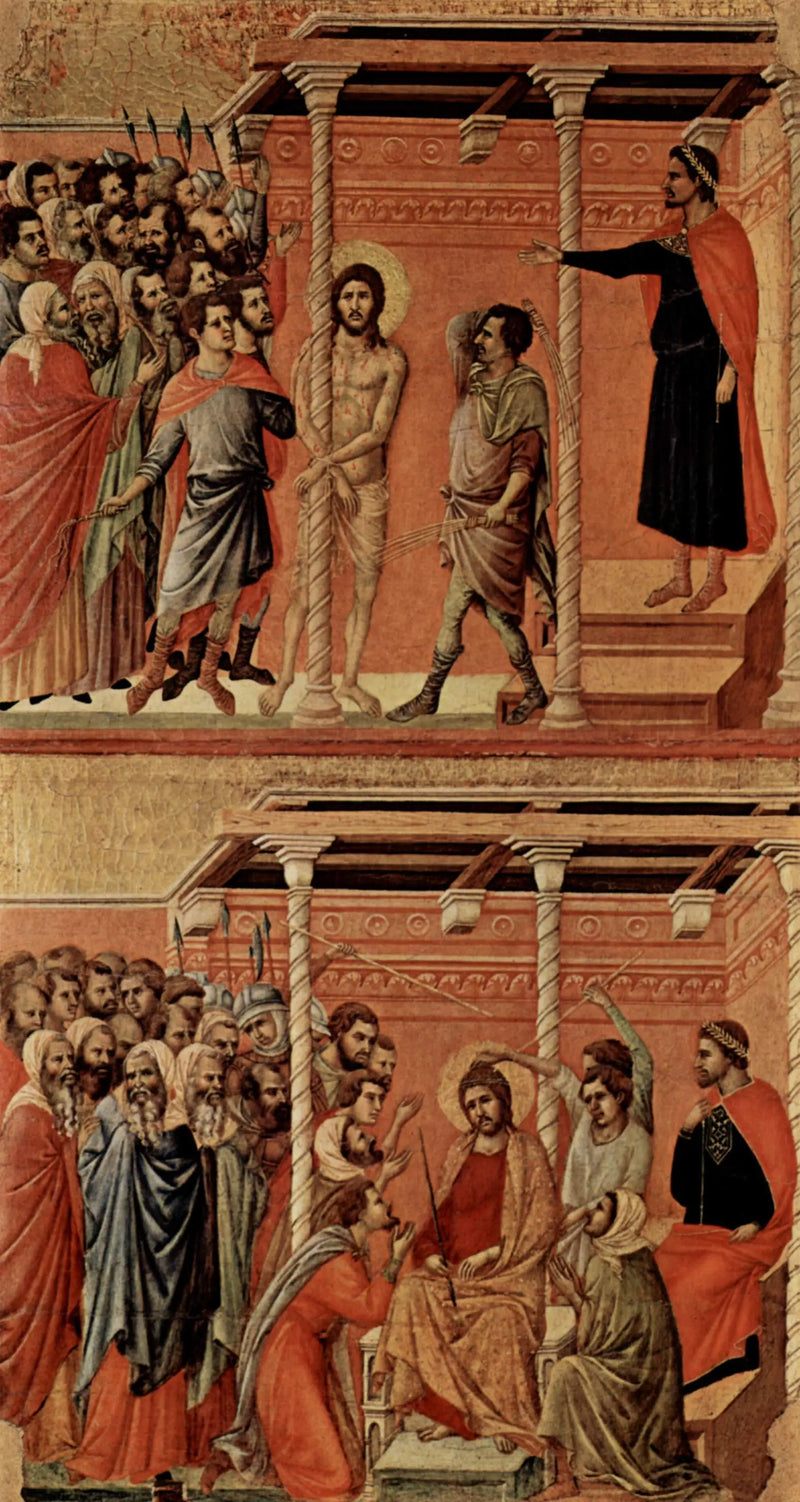 鞭打ち（上部）；冠をかぶったキリストの磔刑（下部） - Duccio di Buoninsegna