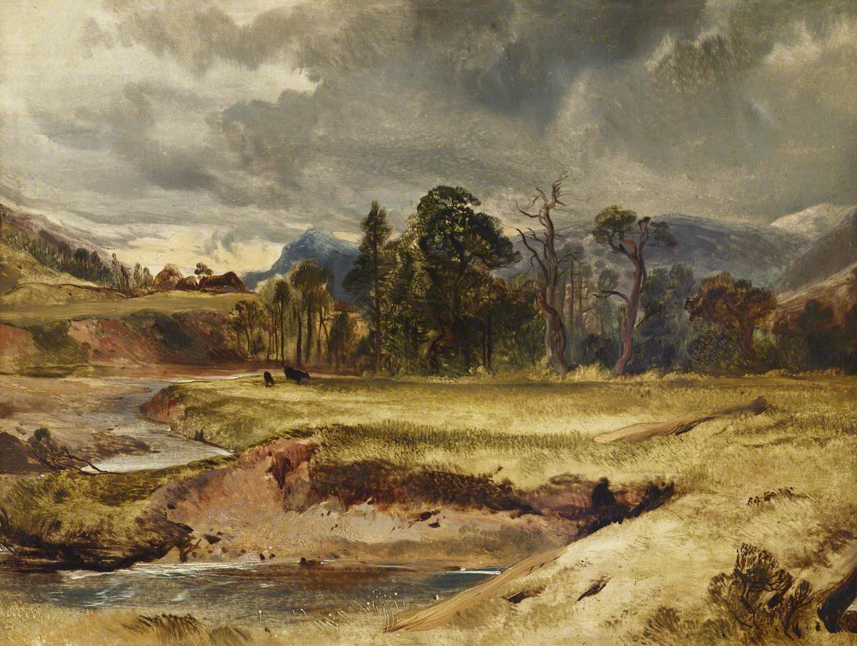 Scène de rivière écossaise avec du bétail dans un pré - Edwin Henry Landseer