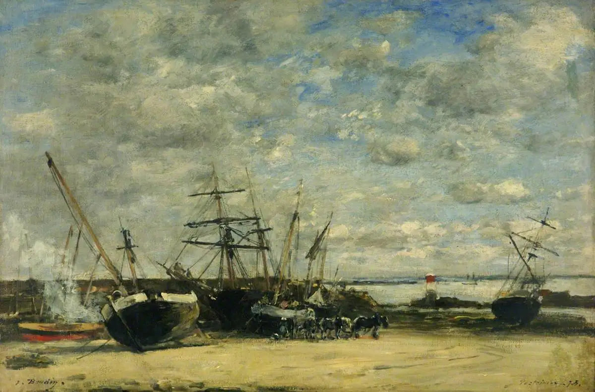 Reproduction du tableau « Navires et chevaux sur le rivage - Eugène Boudin » par Alpha Reproduction en peinture à l’huile