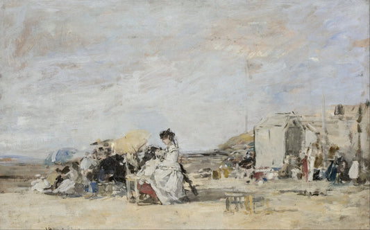 👒 トゥルーヴィルの浜辺の白いドレスの女性 – ユージェーヌ・ブーダン（約1865–1870年）