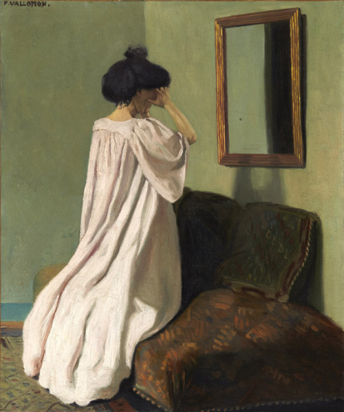 Gabrielle Vallotton agenouillée devant une glace sur le divan de l'atelier de la rue des Belles-Feuilles - Félix Vallotton