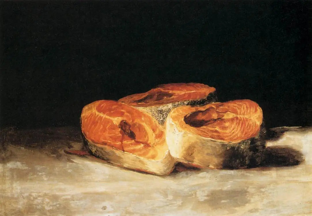 Reproduction du tableau « Nature morte avec trois tranches de saumon - Francisco de Goya » par Alpha Reproduction en peinture à l’huile