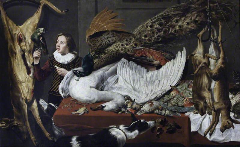 Jeu suspendu avec un cygne et un paon sur une table et un page tenant un perroquet - Frans Snyders