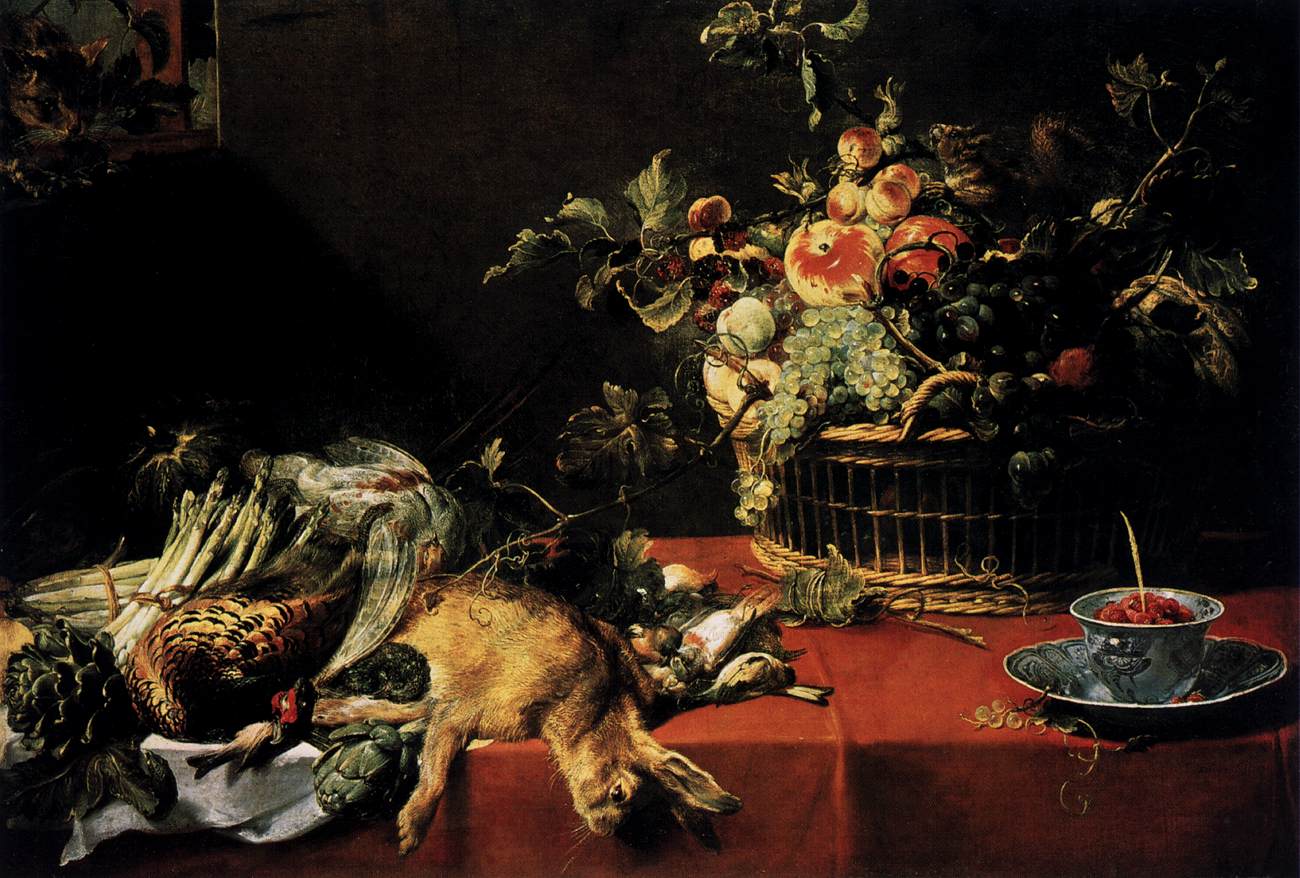 Nature morte avec gibier, légumes, fruits et un écureuil sur une table. Un chat est visible à la fenêtre en haut à gauche. - Frans Snyders