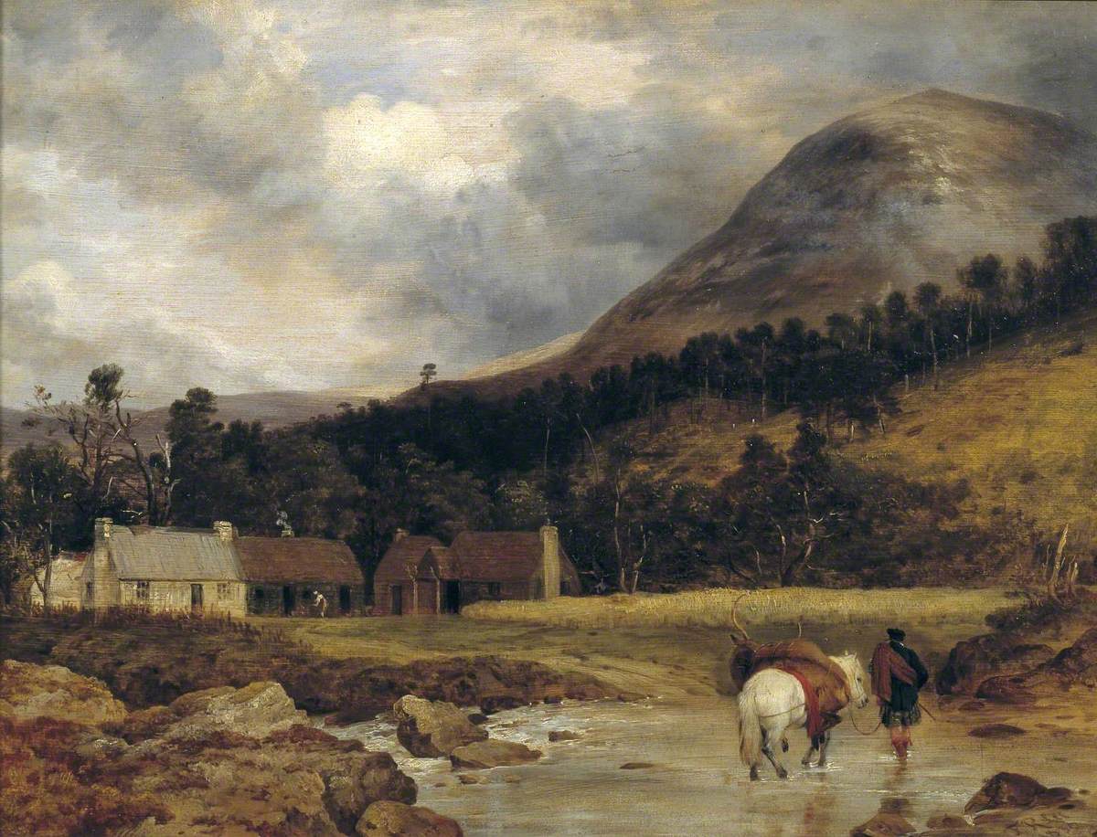 Paysage écossais : L'arrivée d'un cerf (personnage et animaux de Sir E. Landseer) - Edwin Henry Landseer