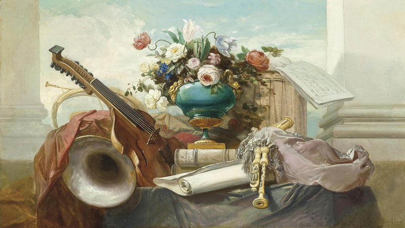 Instruments de musique et vase de roses sur un entablement – Denis-Joseph Godefroy