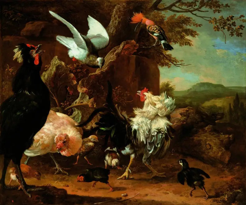 二羽の雄鶏、一羽の雌鶏とヒナ、そして鳩とホッペ。 - メルキオール・ド・ホンデコーター