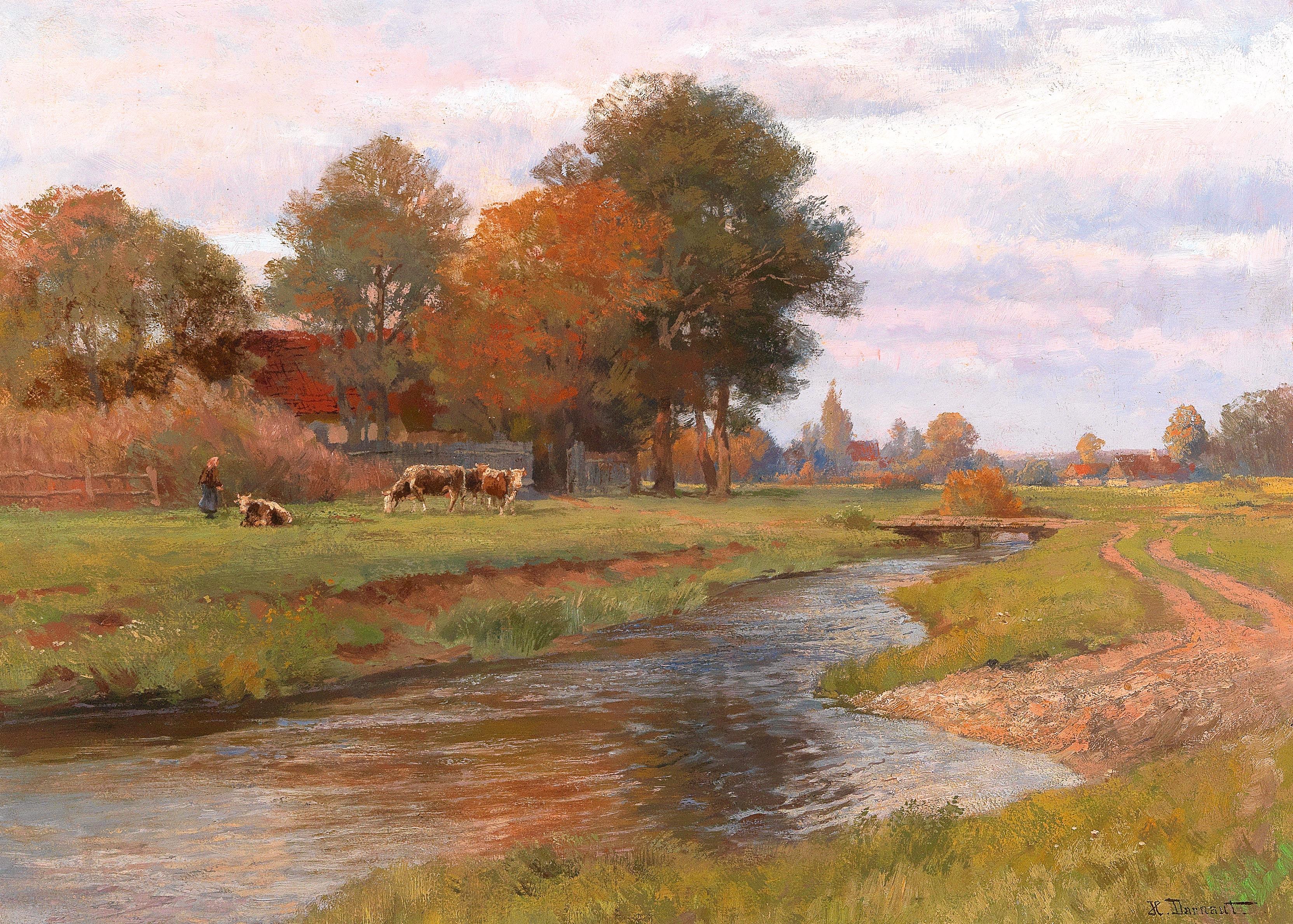 Paysage fluvial avec un petit troupeau de vaches et un village en arrière-plan - Hugo Darnaut