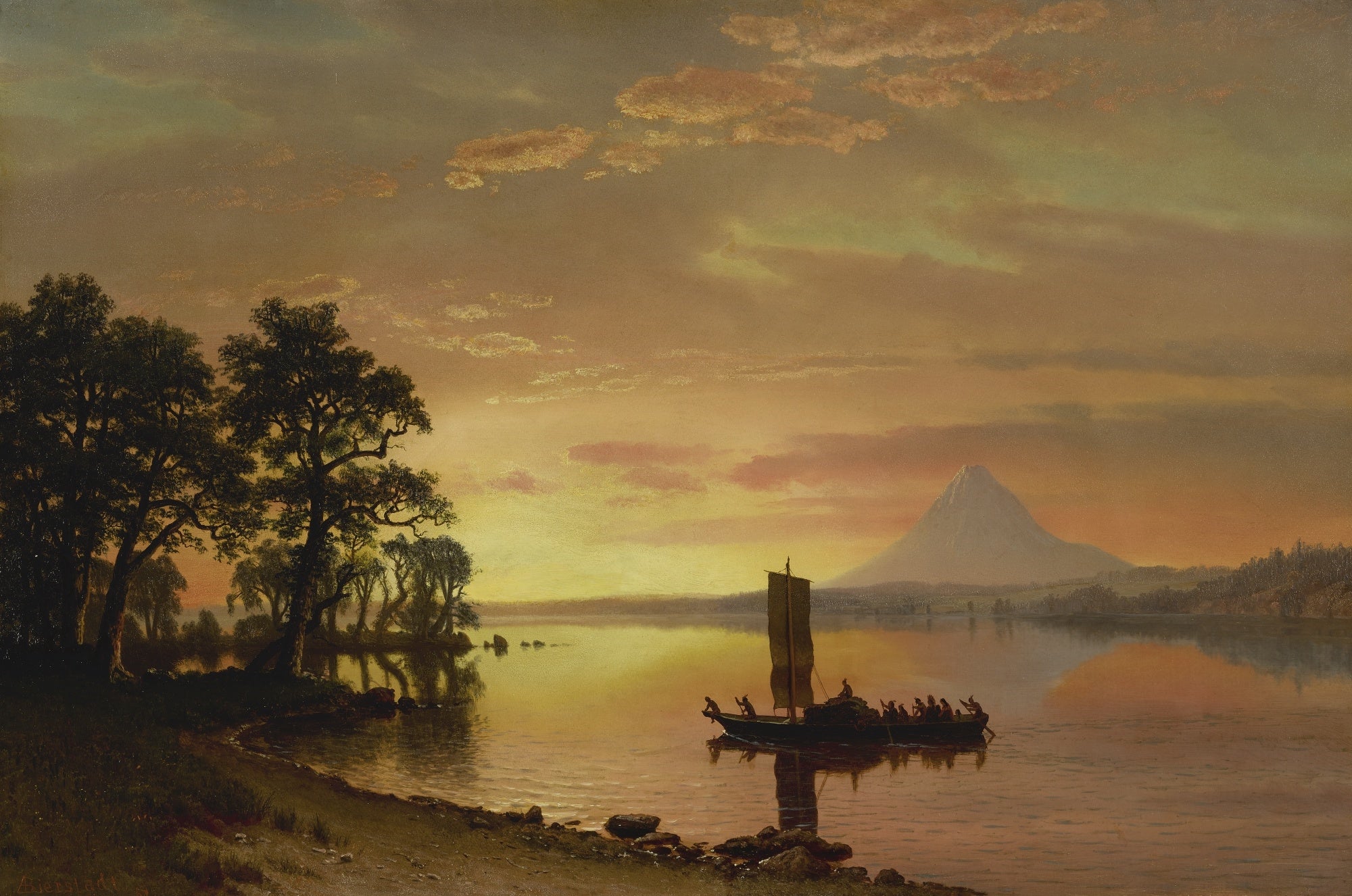Indiens traversant le fleuve Columbia [avec le mont Hood au loin] - Albert Bierstadt