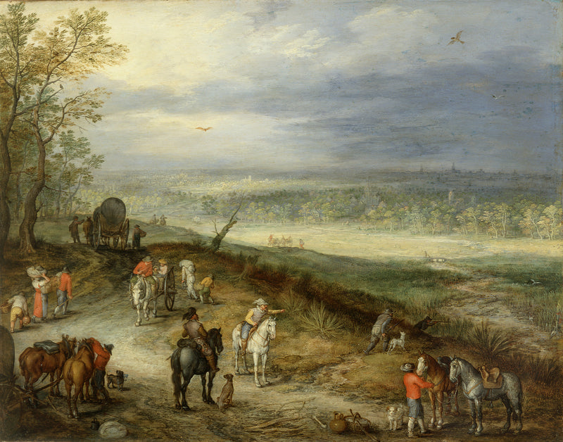 Vaste paysage traversé par des voyageurs sur une route de campagne - Jan Brueghel l'Ancien