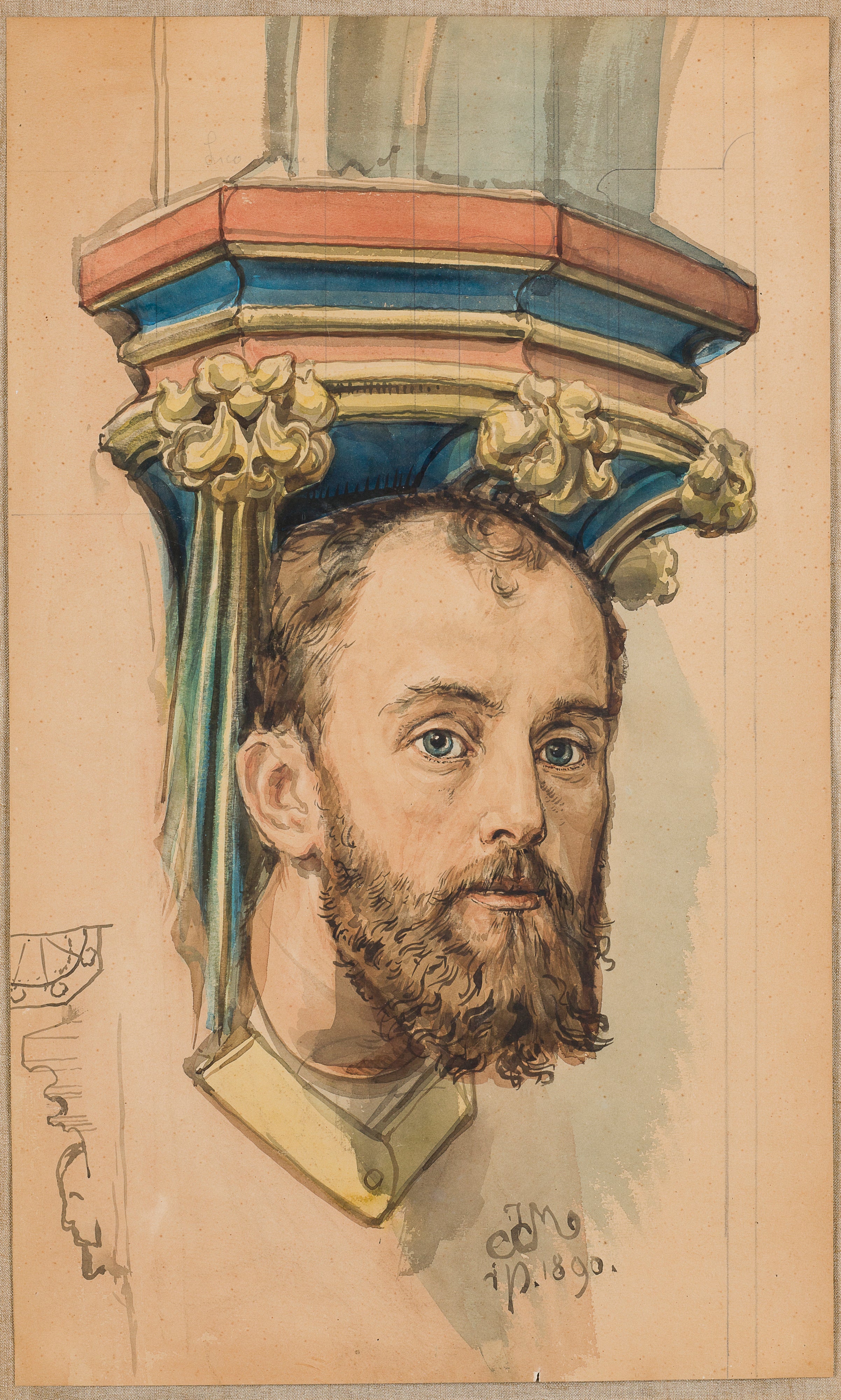 Carton pour la console polychrome de l'église Sainte-Marie en forme de tête masculine (portrait de T. Stryjeński) - Jan Matejko