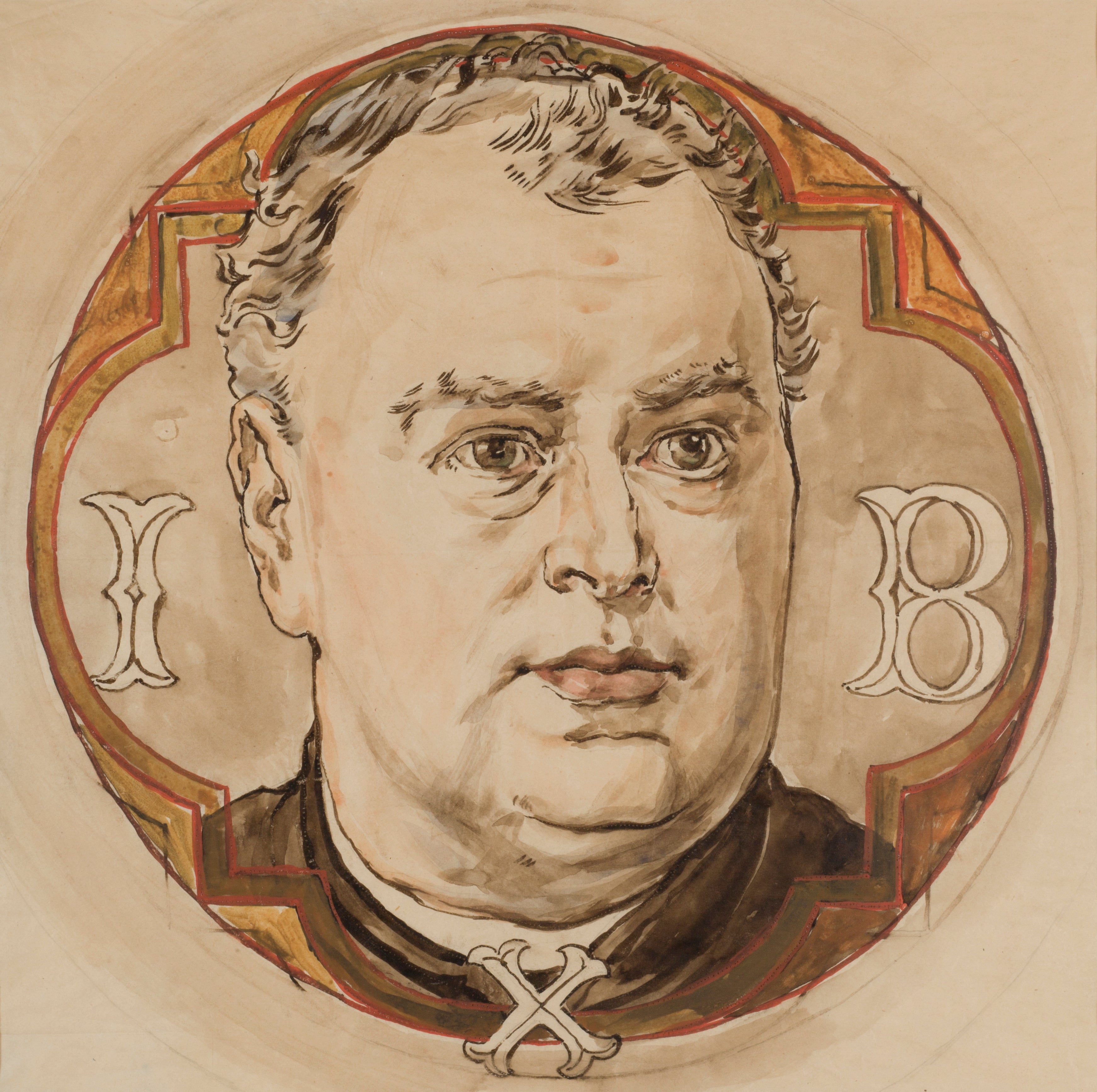 Carton do polichromii Kościoła Mariackiego - Głowa męska i litery "I, B, X" (avec Jan Bukowski) - Jan Matejko