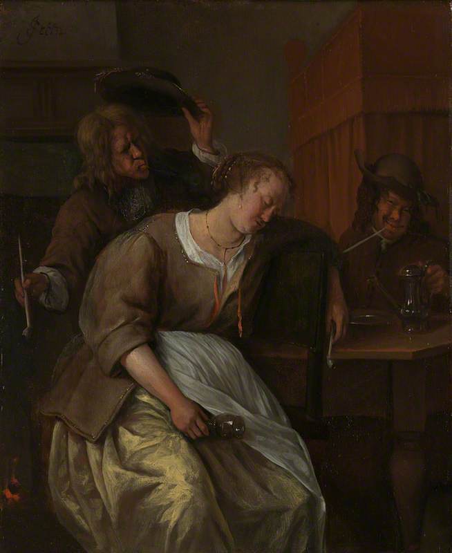 Un homme souffle de la fumée sur une femme ivre - Jan Steen
