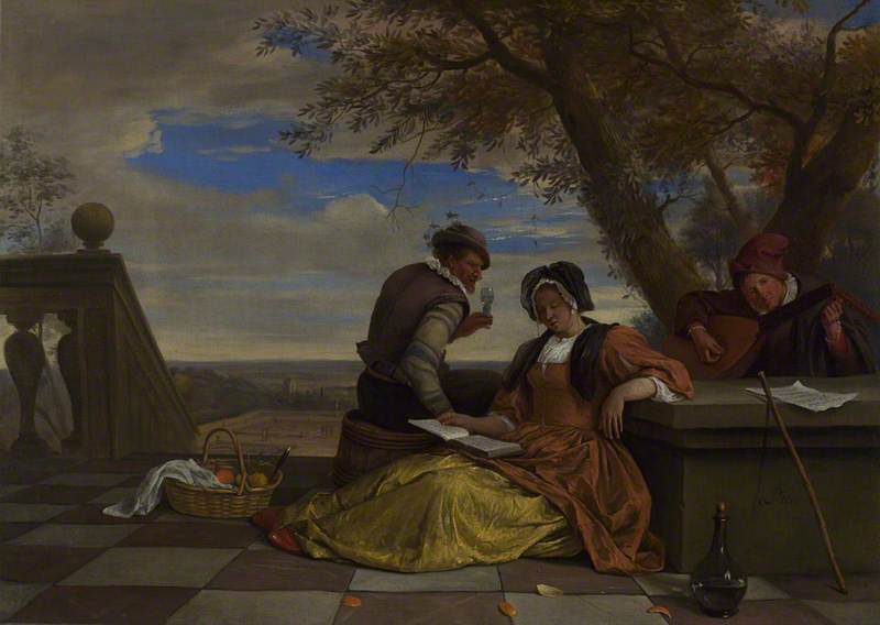 Deux hommes et une jeune femme font de la musique sur une terrasse - Jan Steen