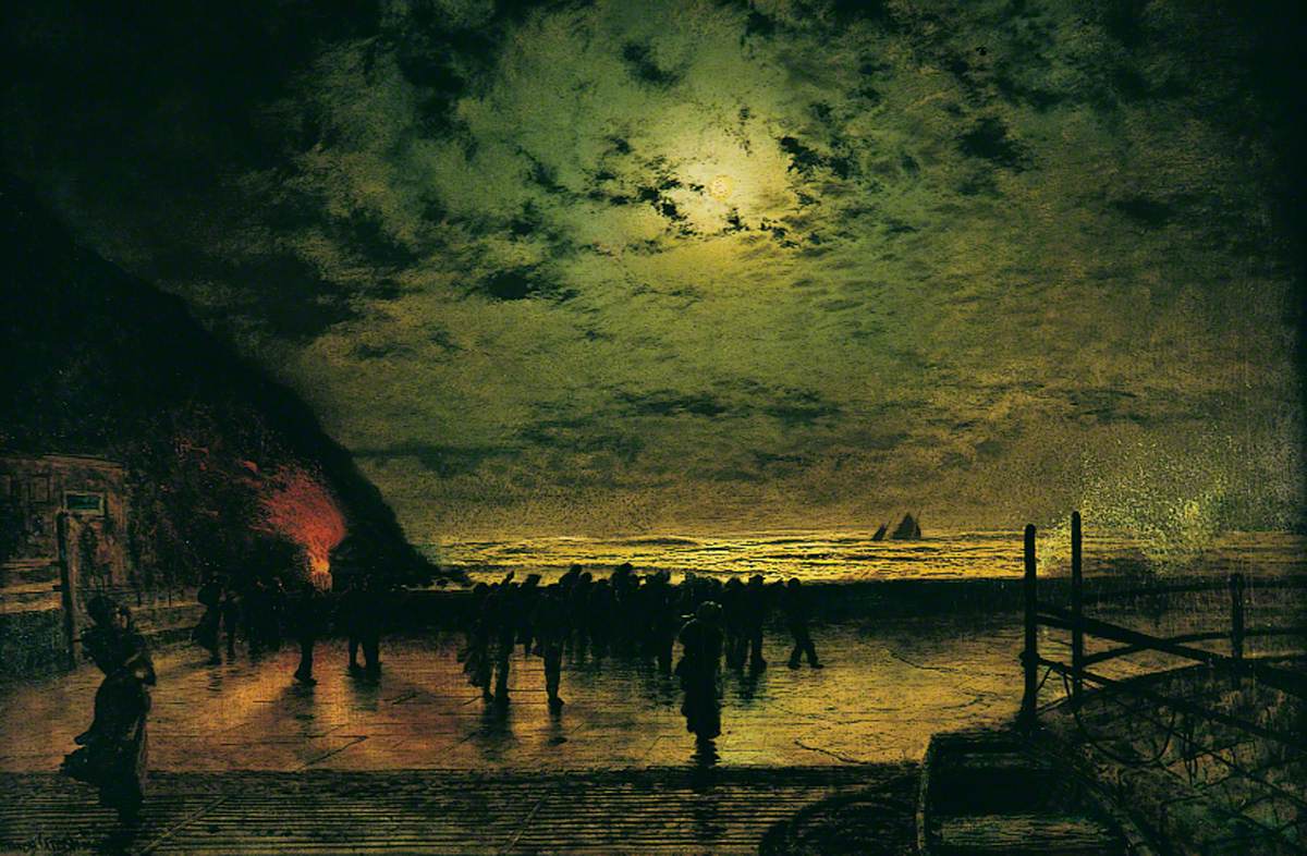 « Burning Off », un bateau de pêche à Scarborough - John Atkinson Grimshaw