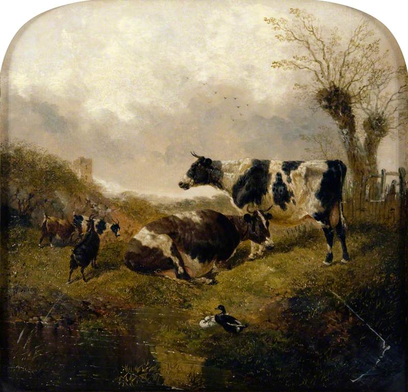 Deux vaches avec des chèvres et des canards dans un paysage - John Frederick Herring, Sr.