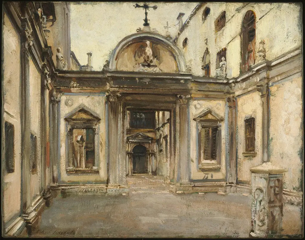 Reproduction du tableau « Cour de la Scuola Grande di San Giovanni Evangelista, Venise, Italie. - John Singer Sargent » par Alpha Reproduction en peinture à l’huile