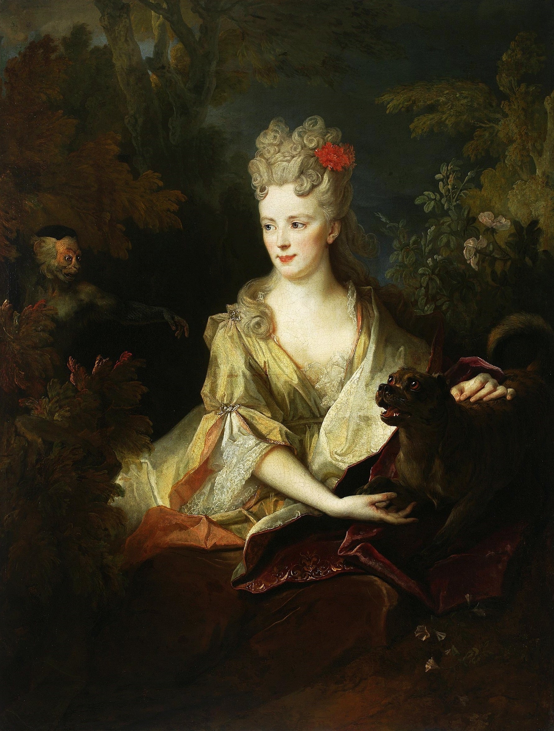 Portrait de dame avec chien et singe - Nicolas de Largillière