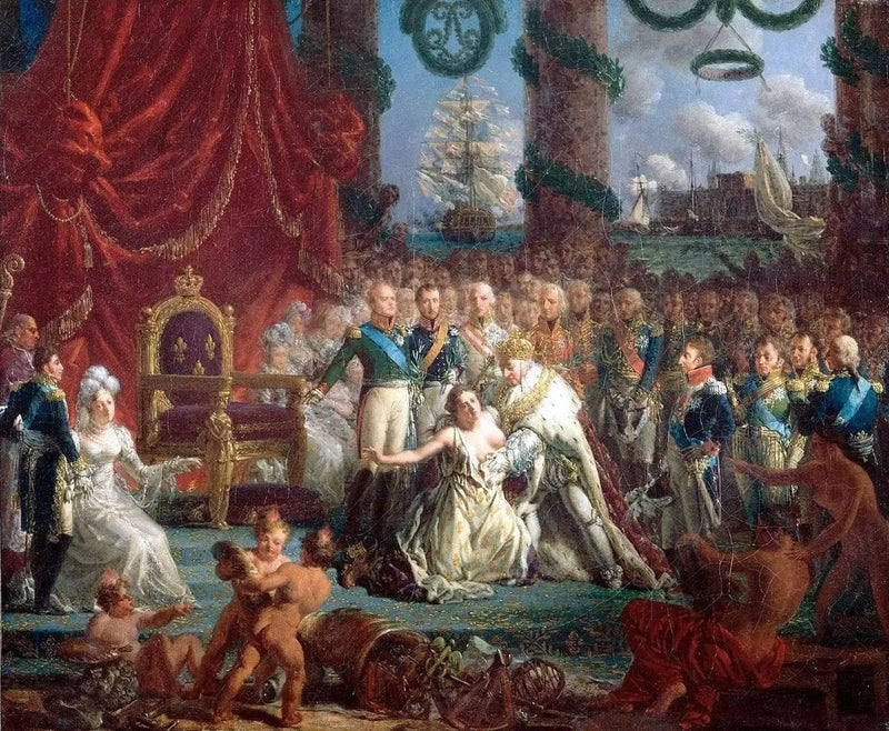 ブルボン家の帰還の寓意 1814年4月24日：ルイ18世がフランスをその廃墟から立ち上がらせる - ルイ＝フィリップ・クレパン

Source:
Allégorie du retour des Bourbons le 24 avril 1814 : Louis XVIII relevant la France de ses ruines. - Louis-Philippe Crépin