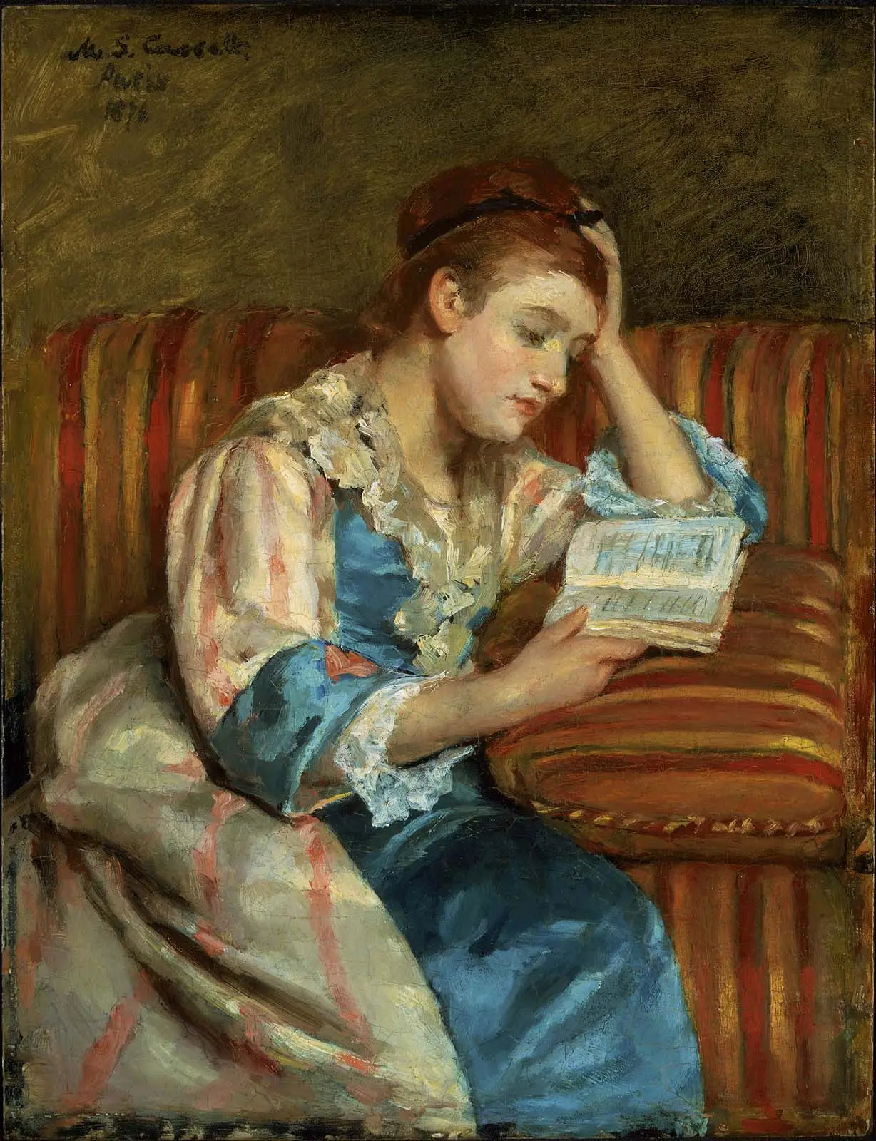 Reproduction du tableau « Mme Duffee assise sur un canapé rayé, en train de lire - Mary Cassatt » par Alpha Reproduction en peinture à l’huile