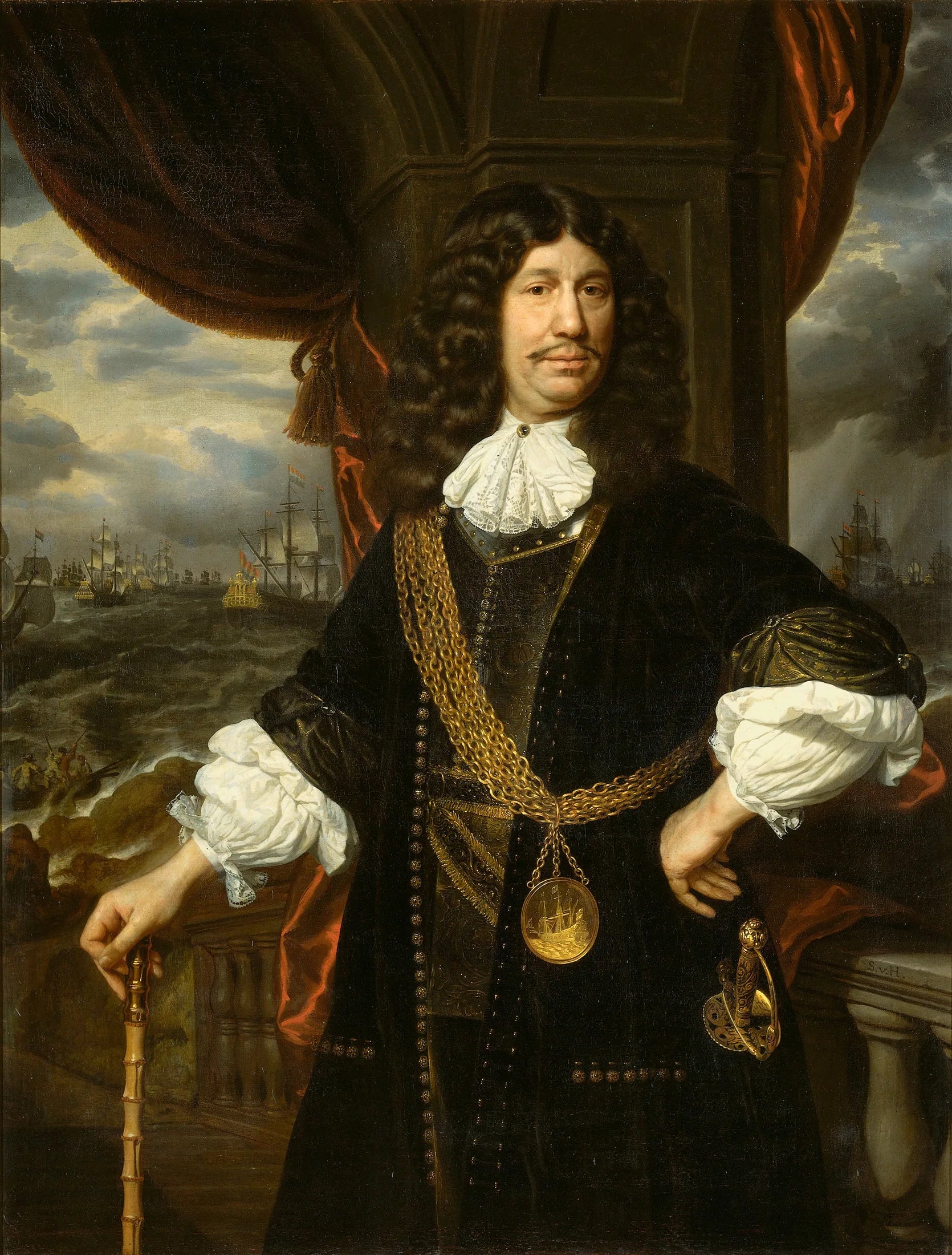Portrait de Mattheus van den Broucke (1620-1685), gouverneur des Indes, avec la chaîne en or et la médaille qui lui furent offertes par la Compagnie néerlandaise des Indes orientales en 1670. - Samuel van Hoogstraten image 1 tableau peint à l’huile sur toile