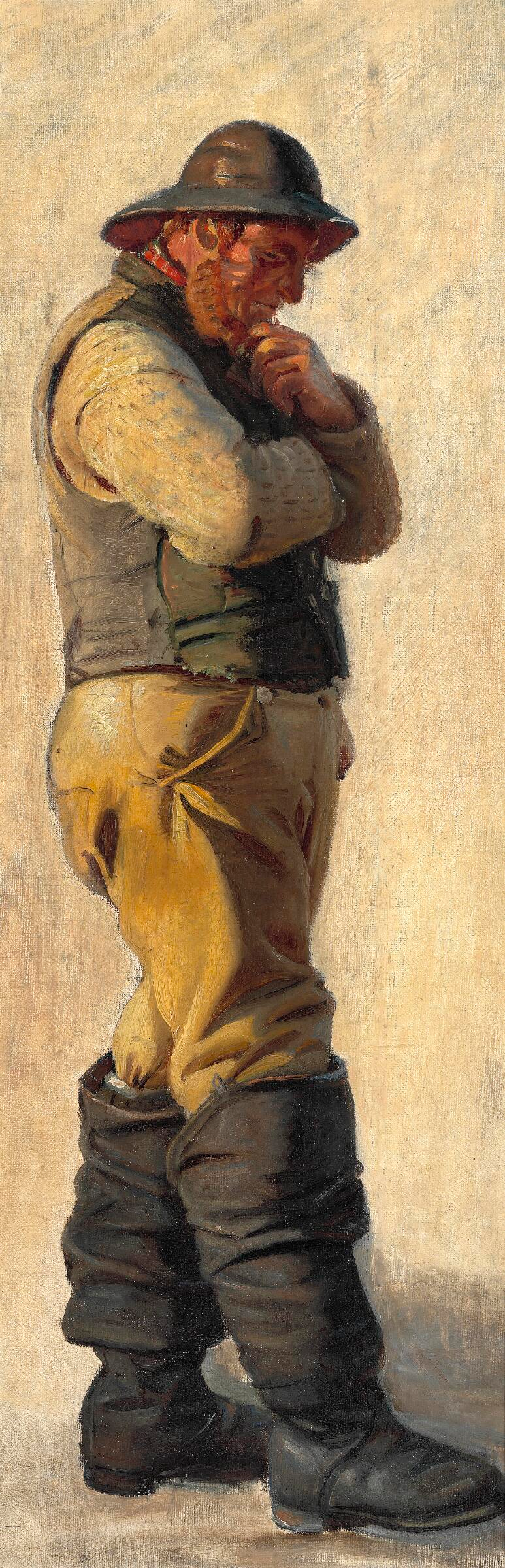 Un pêcheur de Skagen, coiffé d'un ciré et chaussé de hautes bottes, se caressant la barbe. - Michael Peter Ancher
