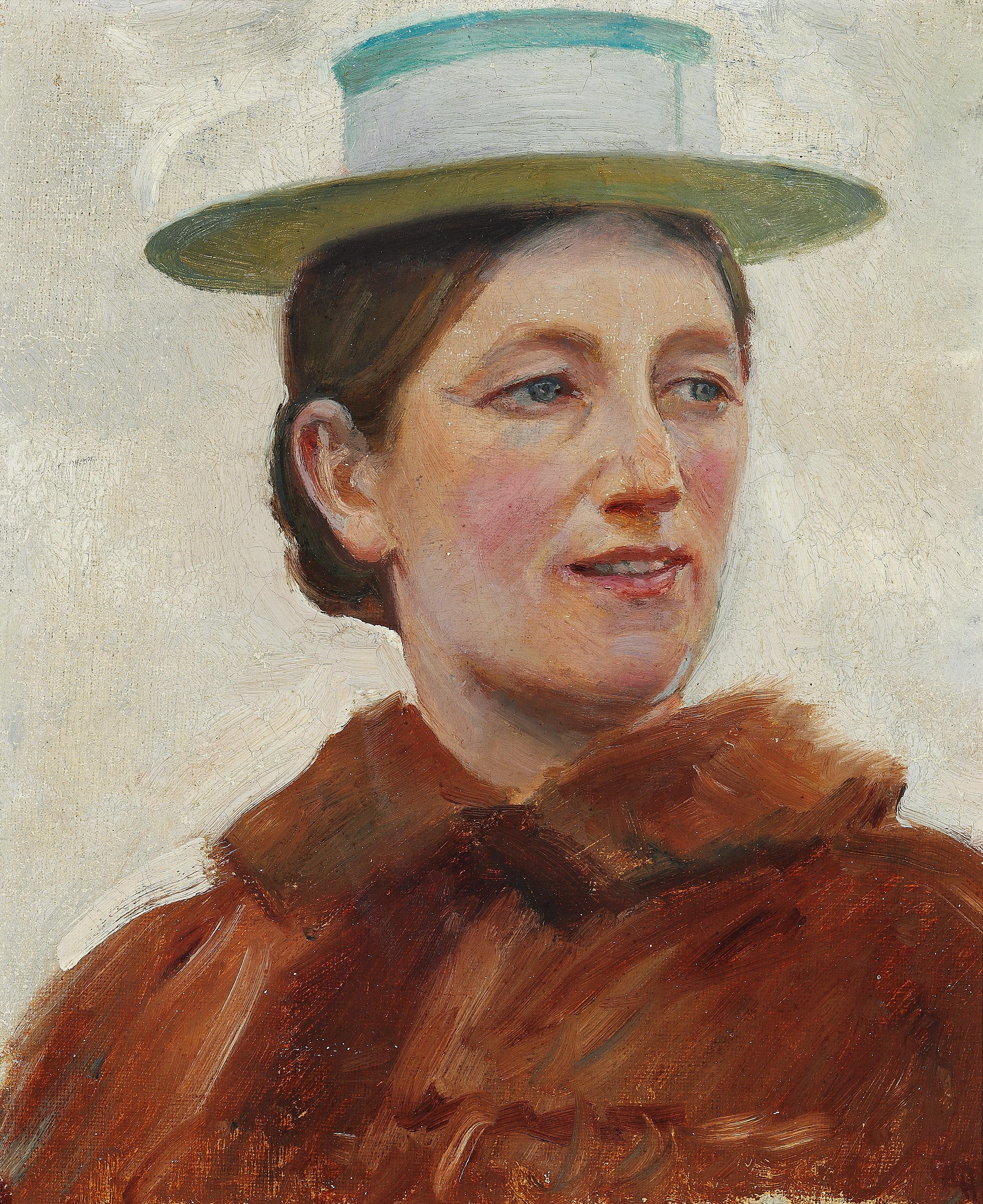 Portrait d’Anna Ancher portant un chapeau de paille à rayures vertes. - Michael Peter Ancher - Alpha Reproduction