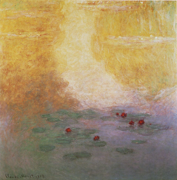 🌞 朝日に照らされた睡蓮 – クロード・モネ, 1908