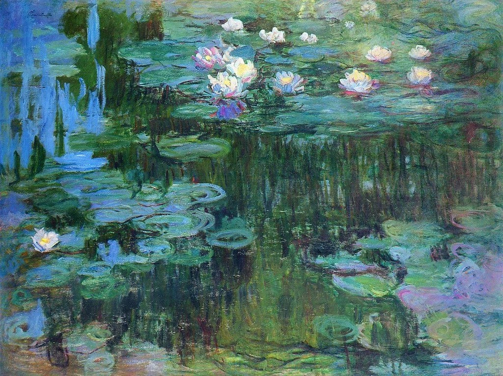 💠 青い輝きを持つ睡蓮と密集した花 – クロード・モネ