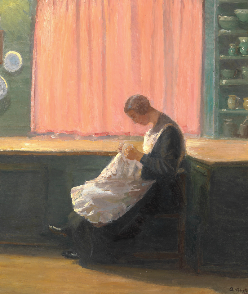 À la fin de la journée. Jeune fille cousant. - Anna Ancher