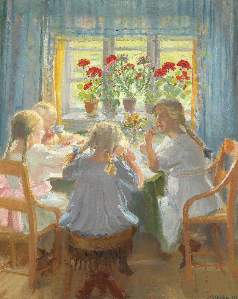 Des petites filles prennent le thé à Nordstuen dans la maison d'Anchers sur Markvej, Skagen. - Anna Ancher