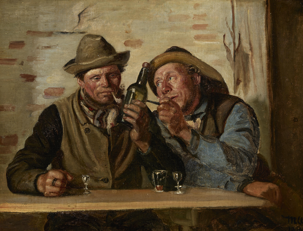 Deux pêcheurs de Skagen savourent une cigarette et un verre à l'auberge. - Michael Peter Ancher image 1 copie peinte à la main à l’huile
