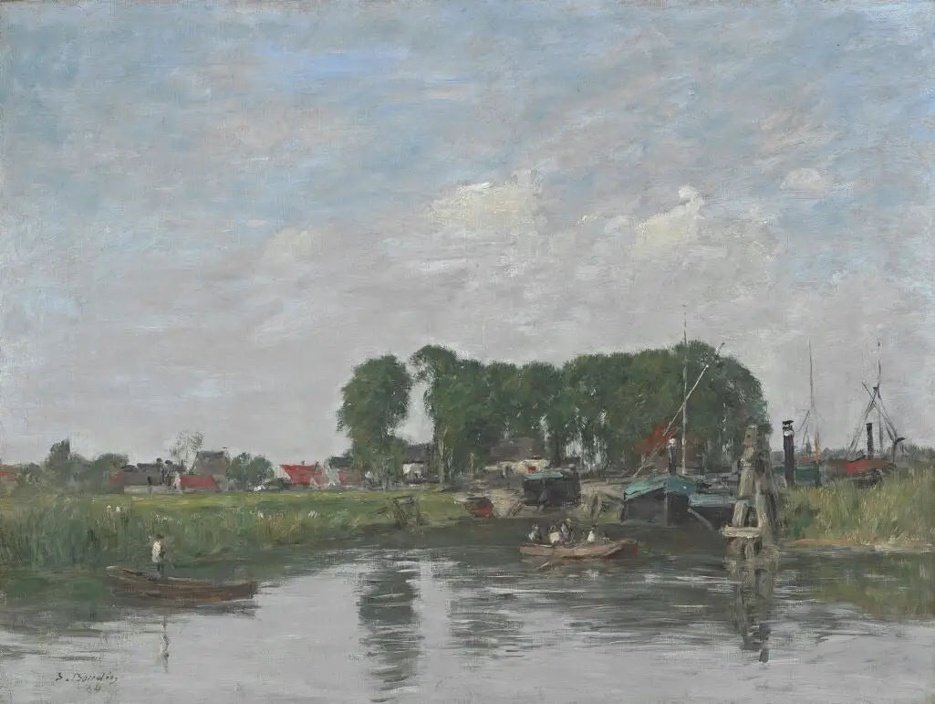 Reproduction du tableau « Environs de Dordrecht. Chantier de réparation de bateaux - Eugène Boudin » par Alpha Reproduction en peinture à l’huile