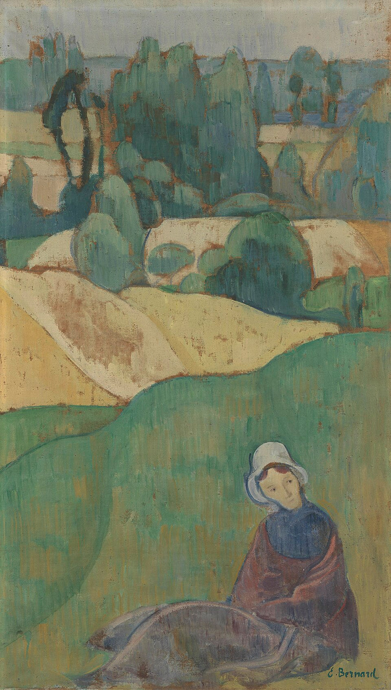 女性が畑に座っている：ブルターニュ - エミール・ベルナール